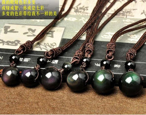 Natural Obsidian Rainbow Eye Transfer Good Luck Bead Pendant Necklace Polyester Rope Chain Necklace Jewelry For Woman