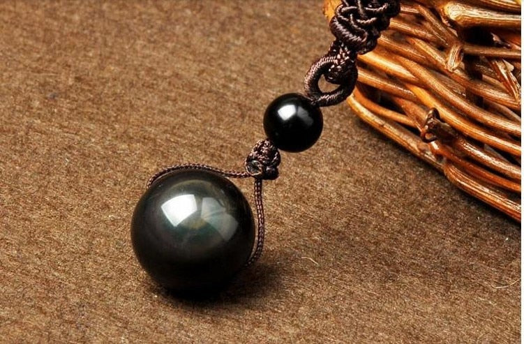 Natural Obsidian Rainbow Eye Transfer Good Luck Bead Pendant Necklace Polyester Rope Chain Necklace Jewelry For Woman