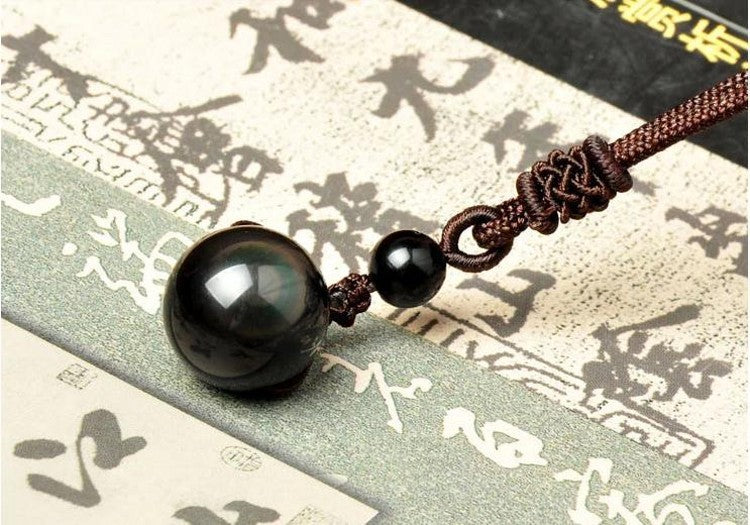 Natural Obsidian Rainbow Eye Transfer Good Luck Bead Pendant Necklace Polyester Rope Chain Necklace Jewelry For Woman