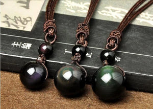 Natural Obsidian Rainbow Eye Transfer Good Luck Bead Pendant Necklace Polyester Rope Chain Necklace Jewelry For Woman