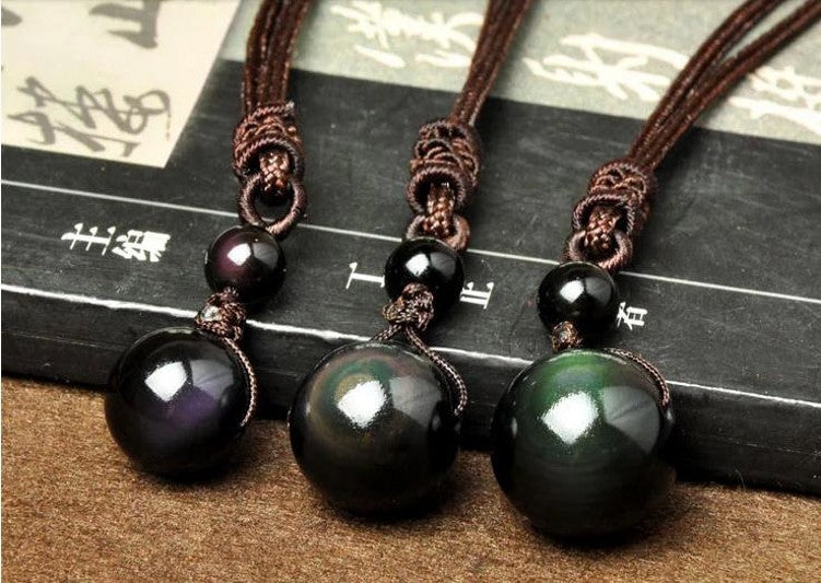 Natural Obsidian Rainbow Eye Transfer Good Luck Bead Pendant Necklace Polyester Rope Chain Necklace Jewelry For Woman