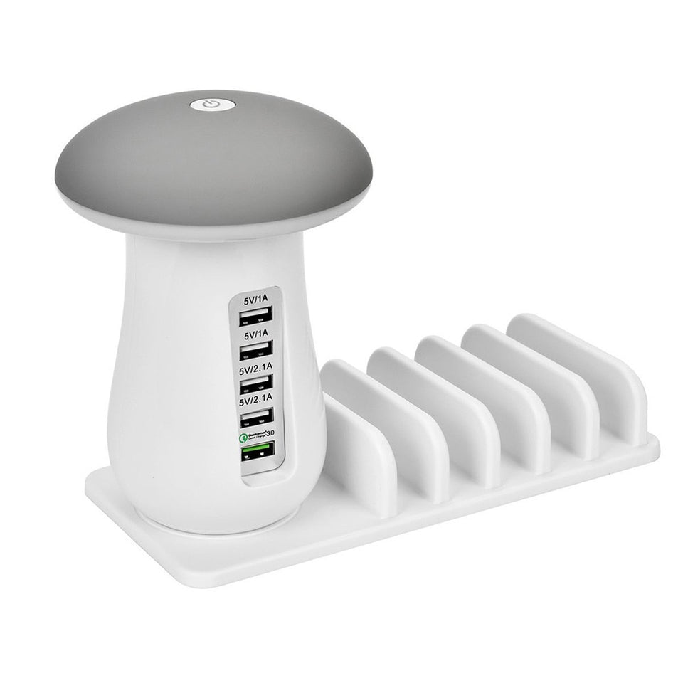 Desktop Charge 5 Ports USB Travel Multifunction Fast Charging Station Portable Office Mushroom LED Light Charger