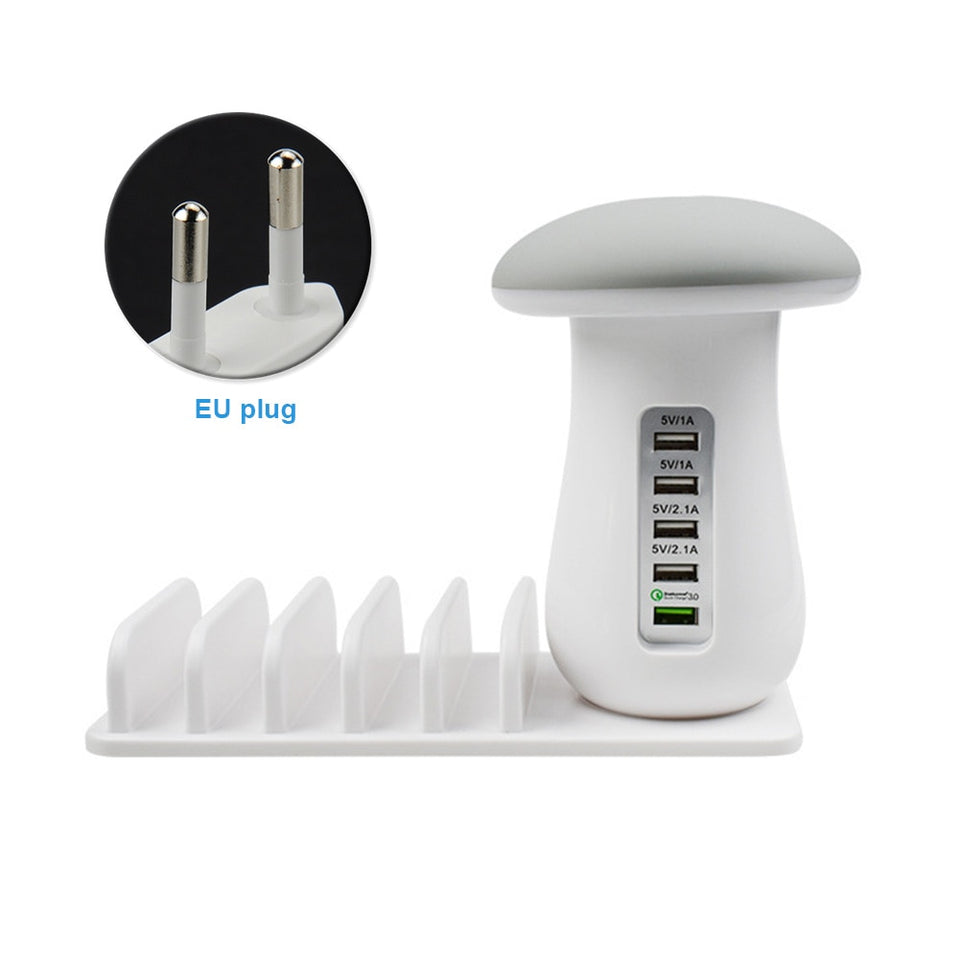 Desktop Charge 5 Ports USB Travel Multifunction Fast Charging Station Portable Office Mushroom LED Light Charger